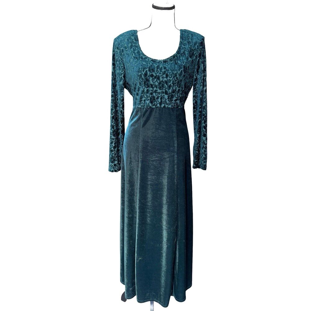 VTG 90s Molly Malloy Evening Hunter Green Velvet Burnout Maxi Dress Large